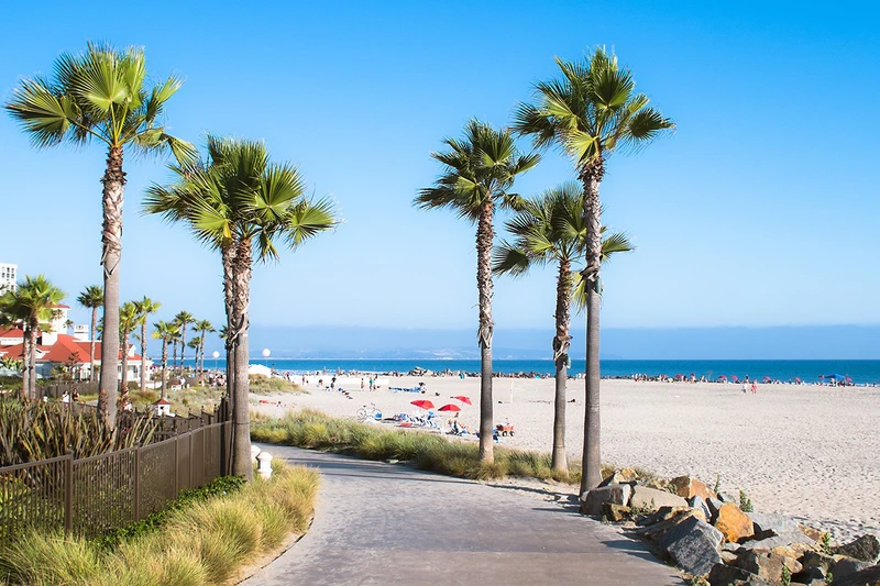 San Diego beach by villas and palm trees