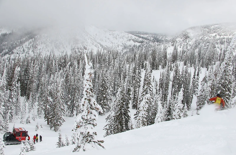 Skier and Snowcat Steamboat Powdercats