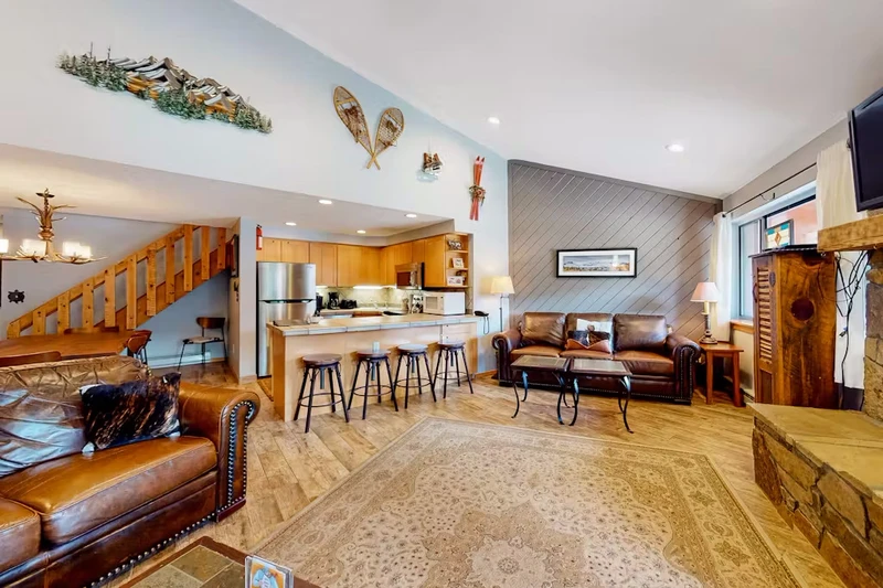 660ece23c24fe2 Bed Living and Kitchen Area Pine Ridge Condos Breckenridge USA