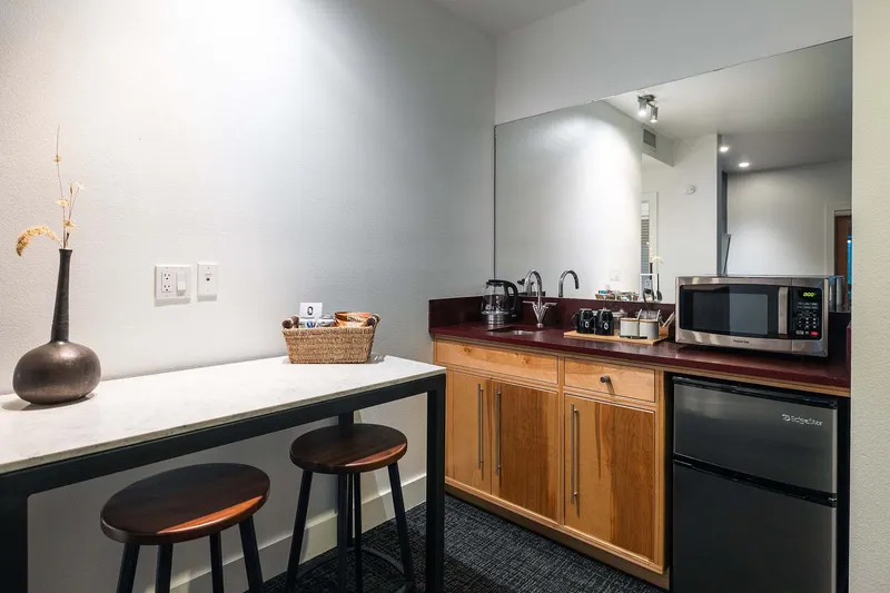 664f1addc5c87 Gravity Haus Truckee Tahoe Idlewild mini bar and fridge Gravity Haus Hotels