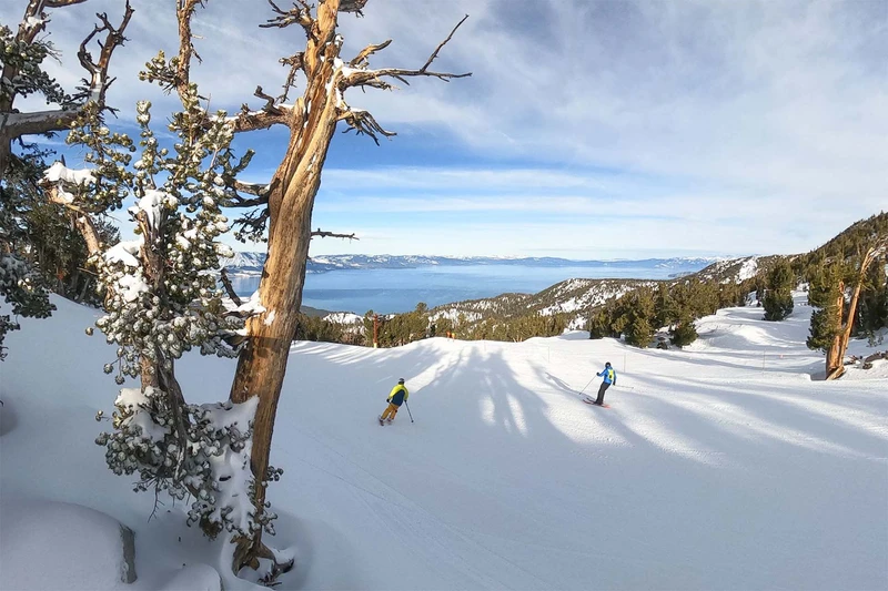 Skiers facing views across Tahoe - Heavenly, USA © Ficeto, Vail Resorts