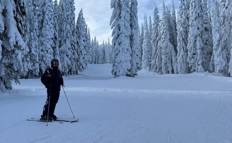 Lesley Gillman on a Tree Lined Run in Sun Peaks