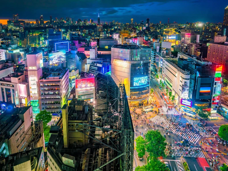 Shibuya Crossing from top view at twilight in Tokyo, Japan