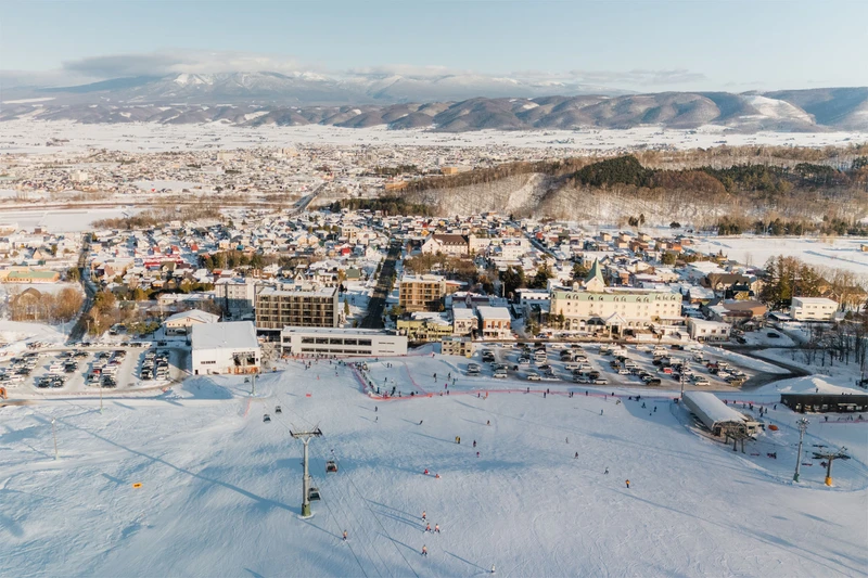 Aerial view of Furano slopes and hotels © Pete Elliot