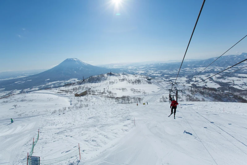 The iconic 'Pizza Box' chairlift in Niseko with Views of Mt. Yotei