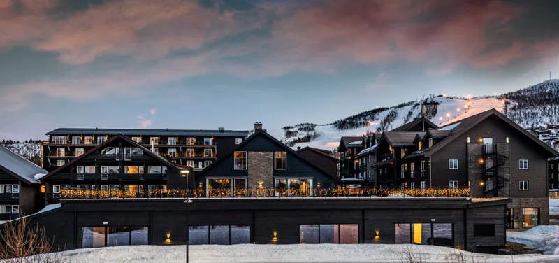 Vestlia Resort in Geilo, Norway, lit up at night time