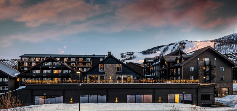 Vestlia Resort in Geilo, Norway, lit up at night time