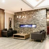 Lobby with fireplace and sofas