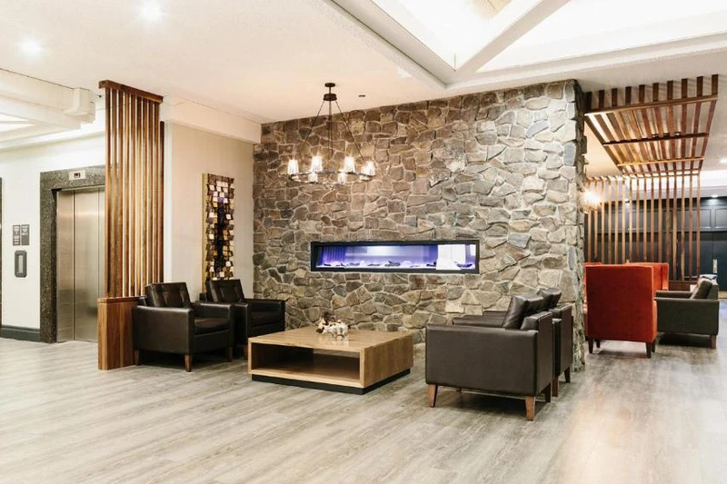 Lobby with fireplace and sofas