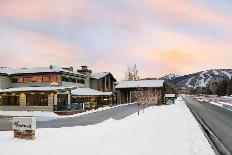 Snowy exterior of Hotel Thaynes
