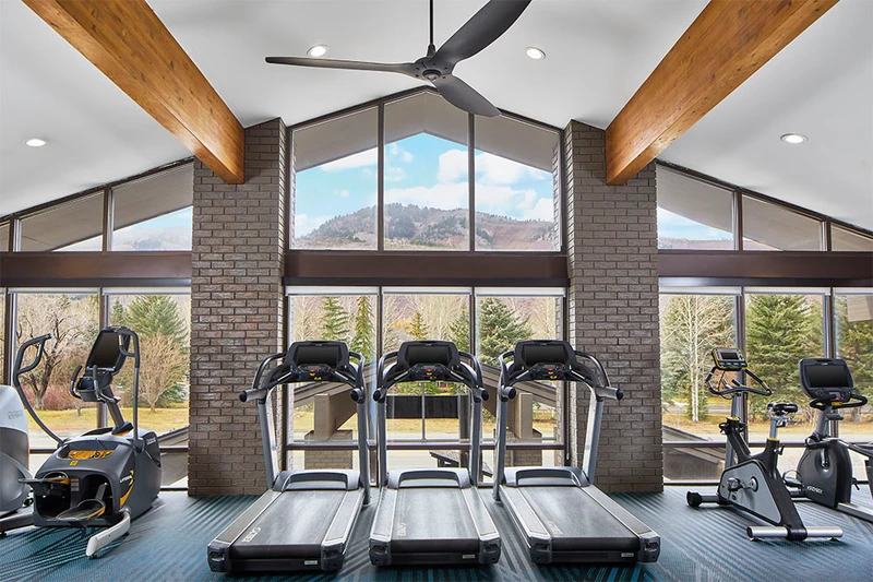Treadmills and gym equipment with a mountain view