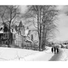 Black and white photograph taken of a snowy Fleischer's Hotel in 1935