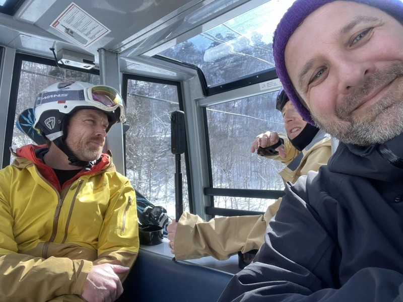 Andy K, Richard and Andy E riding Dragondola, Naeba, March 2026