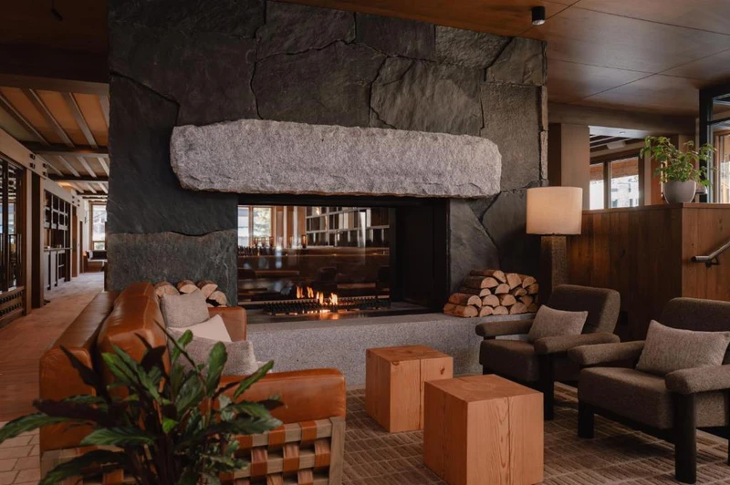 Roaring Fire with empty seating at the Otter Hotel