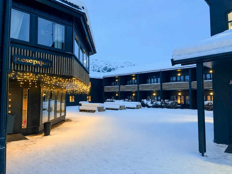 Exterior shot in winter of the 3* Gjestetun Oppdal hotel