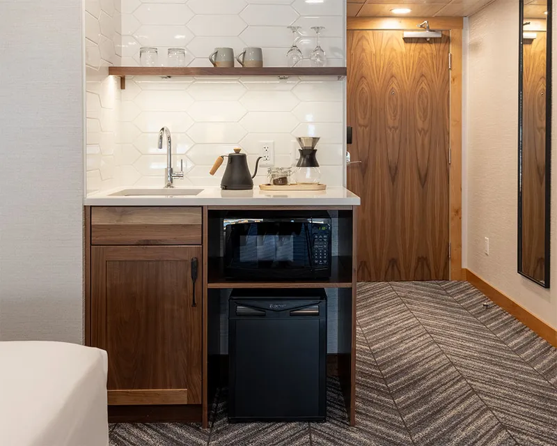 Mini fridge and sink in Hotel Canoe and Suites