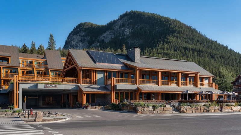 Front of the Otter Hotel in summer, with pine mountain behind