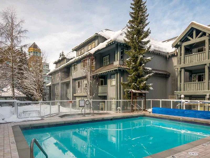 Glacier lodge exterior and pool